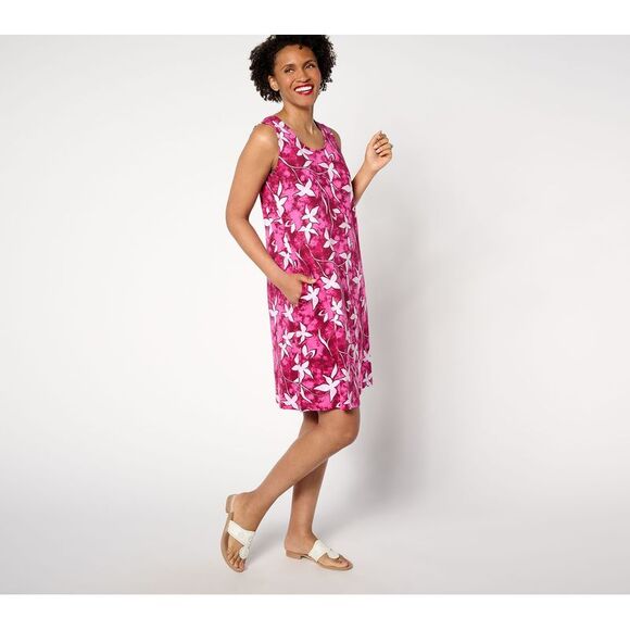 Denim & Co. Women's Petite Dress 4XP Beach Printed Jersey Knee Pink A647744 - Picture 1 of 4